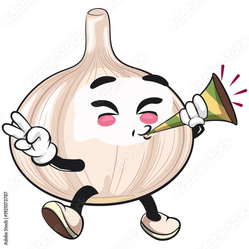cute garlic mascot character blow the party horn trumpet, isolated vector illustration, work of hand drawn