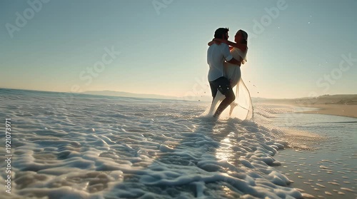 Romantic couple dancing barefoot on a sandy beach during a golden sunset with gentle waves washing ashore