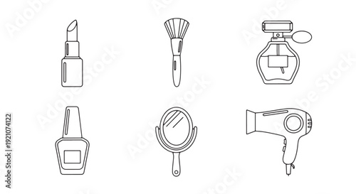 Minimal Outline Stroke Vector Icon Set of Beauty Cosmetics Items Lipstick Brush Perfume Bottle Nail Polish Mirror Hair Dryer