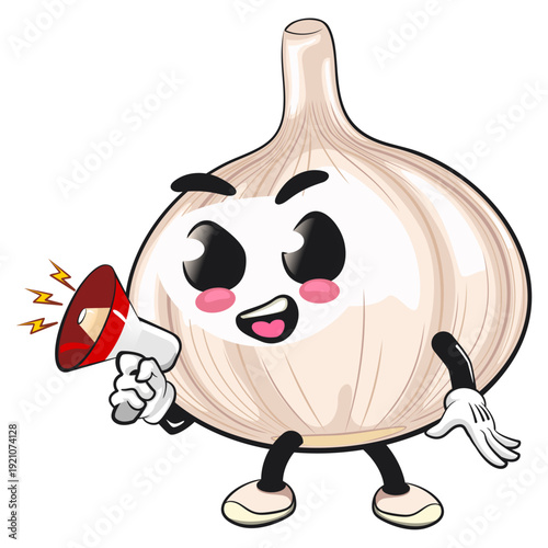 cute garlic mascot character shouting with a loudspeaker, isolated vector illustration, work of hand drawn