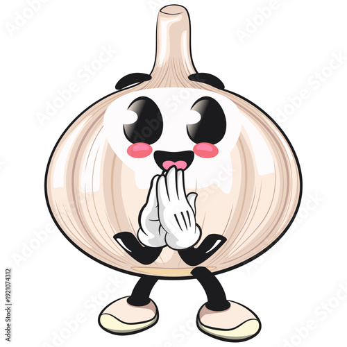 cute garlic mascot character pay respect, isolated vector illustration, work of hand drawn