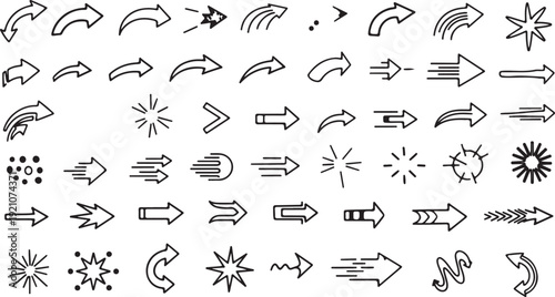 Hand-Drawn Arrows and Icons Set in Simple Line Art Style with Black and White Color Scheme on White Background for Graphic Design