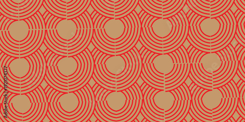 Retro Red And Beige Geometric Seamless Pattern With Circular Arcs And Decorative Motif