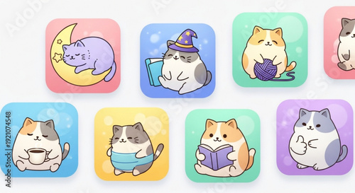 Cute cat icons in various fun and cozy settings and poses