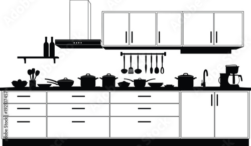 Black and white vector silhouette of a modern minimalist kitchen interior with cabinets range hood cookware utensils and countertop appliances for home lifestyle branding