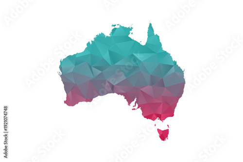 Australia Map - Polygon Style Vector Illustration in Teal and Red Gradient, Low Poly Geometric Design, Isolated on White Background for Infographics and Education.