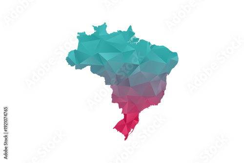 Brazil Map - Polygon Style Vector Illustration in Teal and Red Gradient, Low Poly Geometric Design, Isolated on White Background for Infographics and Education.