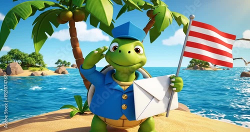 Wallpaper Mural Cheerful cartoon turtle postal worker on a tropical island holding a letter and flag by the sea Torontodigital.ca