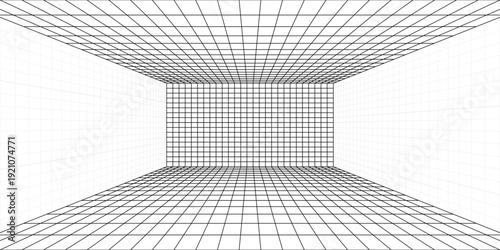 Room projection grid in futuristic 3d style. Outline futuristic grid background, room projection. Wireframe grid template in perspective view