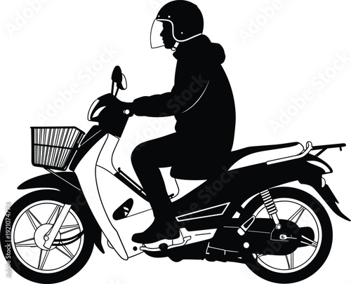 Black vector silhouette and outline profile of a person wearing a helmet riding a motor scooter with a front basket for delivery and urban branding