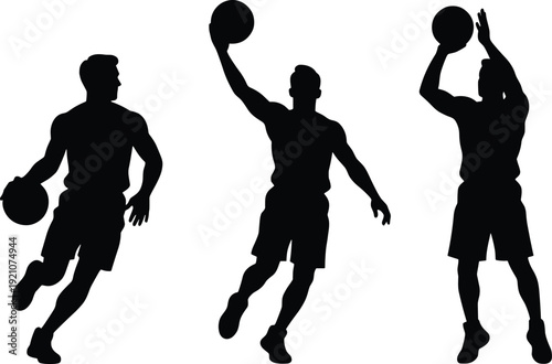Basketball player silhouettes, dribbling action, jump shot pose, slam dunk movement, sports illustration, athletic figure, isolated vector design