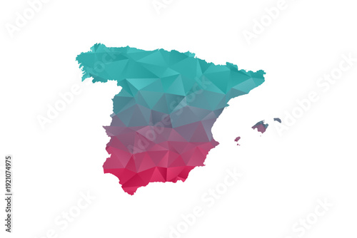 Spain Map - Polygon Style Vector Illustration in Teal and Red Gradient, Low Poly Geometric Design, Isolated on White Background for Infographics and Education.