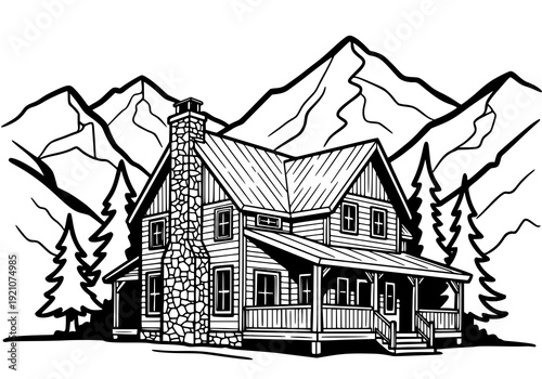 Cozy mountain cabin retreat with stone chimney and pine trees