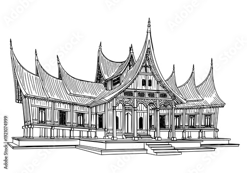 Traditional Indonesian house with intricate roof design and ornate details