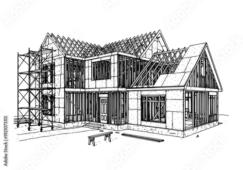 House under construction with exposed framing and scaffolding