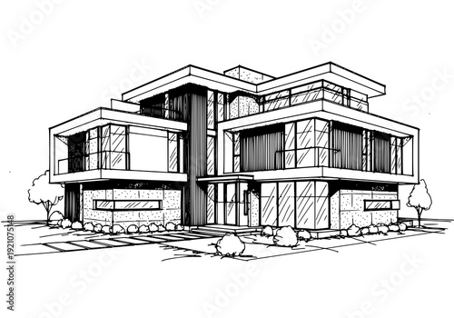 Modern multi-story house with large windows and balcony