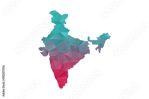 India Map - Polygon Style Vector Illustration in Teal and Red Gradient, Low Poly Geometric Design, Isolated on White Background for Infographics and Education.