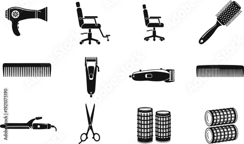 Barbershop and Hair Salon Silhouette Icon Set Featuring Hairdryer, Clippers, Scissors, Combs, Styling Chair, and Professional Hairdressing Tools