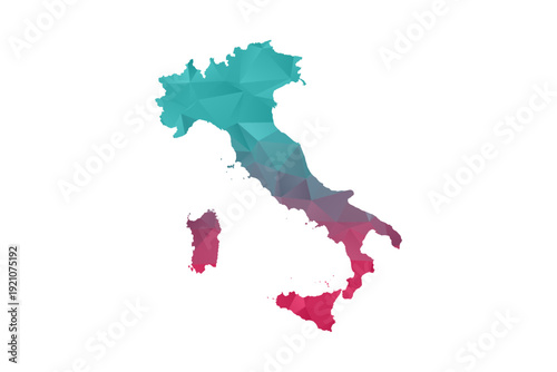 Italy Map - Polygon Style Vector Illustration in Teal and Red Gradient, Low Poly Geometric Design, Isolated on White Background for Infographics and Education.
