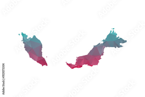 Malaysia Map - Polygon Style Vector Illustration in Teal and Red Gradient, Low Poly Geometric Design, Isolated on White Background for Infographics and Education.