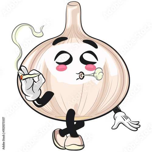 cute garlic mascot character smoke calmly, isolated vector illustration, work of hand drawn
