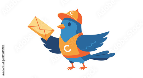 Blue Bird Wearing Orange Vest and Cap Holding Envelope.