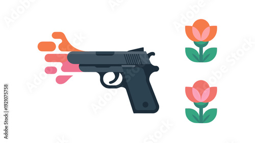 The gun transforms into flowers, symbolizing peace.