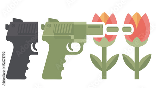 Guns and flowers metaphor for peace, juxtaposing weapons with nature.