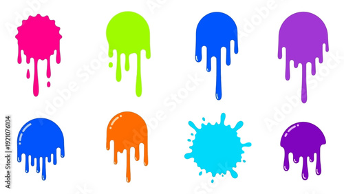a vibrant collection of colorful paint drips and splatters vector graphics in bright neon hues isolated on white perfect for creative design projects.