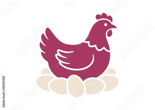 Brood hen glyph symbol. A bird resting on a set of eggs to incubate its chicks. Nesting fowl. Brooding chicken. Poultry farming and selection. Vector illustration isolated.