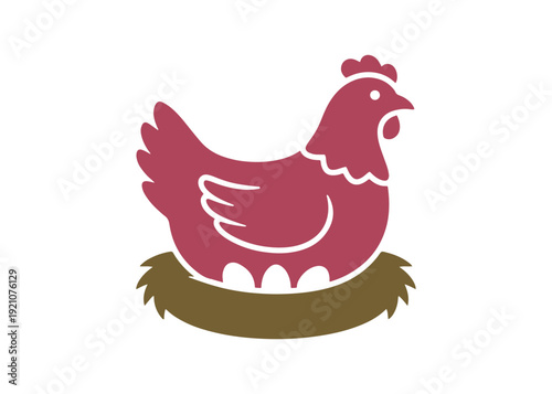 Brood hen glyph icon. A bird perched on a clutch of eggs to incubate its chicks. Nesting fowl. Brooding chicken. Poultry selection and farming. Vector isolated illustration