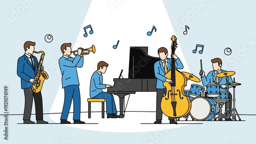 a vibrant five-piece jazz band performs live on stage under a spotlight playing saxophone trumpet piano double bass and drums for a captivating show.