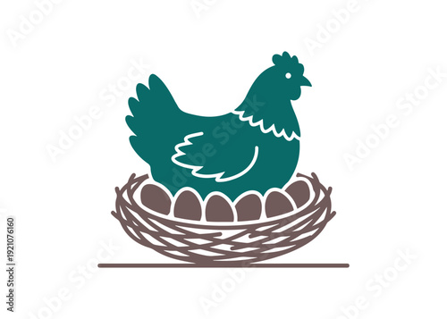 Brood hen glyph icon. A bird sitting on a group of eggs to care for its chicks. Nesting fowl. Brooding chicken. Poultry selection and farming. Vector isolated illustration