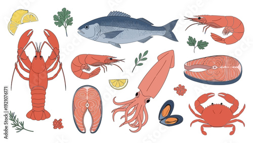 a vibrant fresh seafood collection perfect for illustrating healthy cuisine gourmet recipes and restaurant menus.