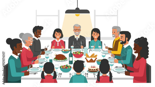 a multi-generational diverse family enjoying a festive dinner together around a large dining table celebrating holidays and togetherness.