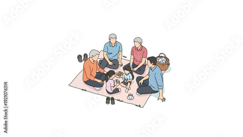 a multi-generational family enjoying a happy outdoor picnic on a blanket sharing snacks and drinks symbolizing togetherness and bonding.