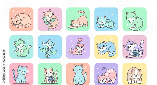 Cute cartoon cats in various colorful poses and backgrounds