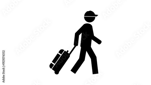 a simple black silhouette of a person in a cap walking with a rolling suitcase symbolizing travel journey departure arrival.