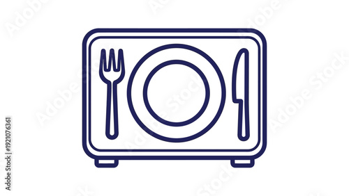 a simple line art dinner place setting icon with a fork plate and knife symbolizing mealtime and food service concepts.