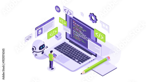 a software developer coding with an ai chatbot on a laptop in an isometric digital workspace illustrating programming and web development.