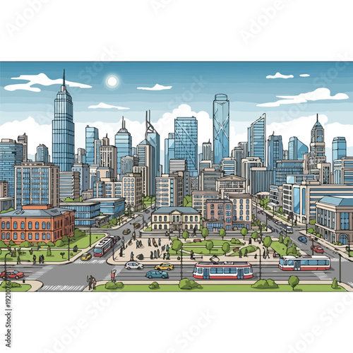 Vibrant cityscape with modern skyscrapers and busy streets