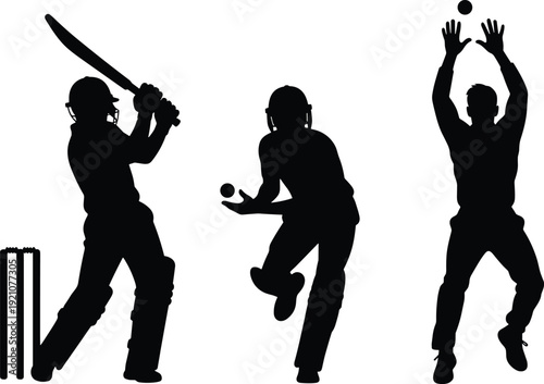 Cricket action silhouettes set, batsman bowler fielder vector, sports player illustration, isolated cricket fielding batting silhouette collection bundle