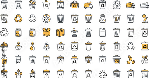 Waste Management and Recycling Icon Set Featuring Trash Bins, Garbage Sorting, Environmental Cleanup, and Sustainability Symbols for Eco Friendly Design