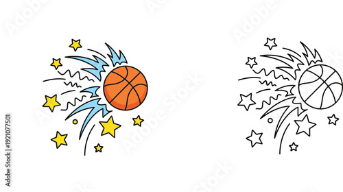 Dynamic Basketball with Stars: Cartoon Icon for Sports, Energy, and Exciting Game Play