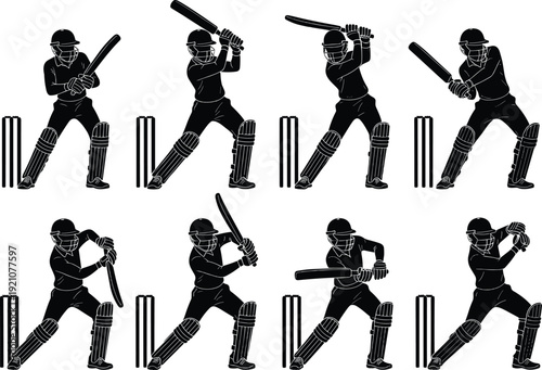 Cricket batsman silhouette action poses set, batting shots vector illustration, sports player isolated collection for design and branding