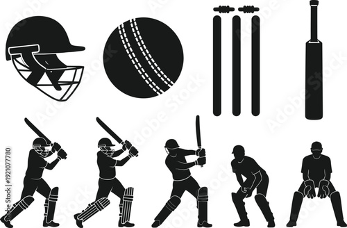 Cricket equipment and player silhouettes set, helmet ball bat stumps vector, batsman wicketkeeper action illustration bundle isolated collection