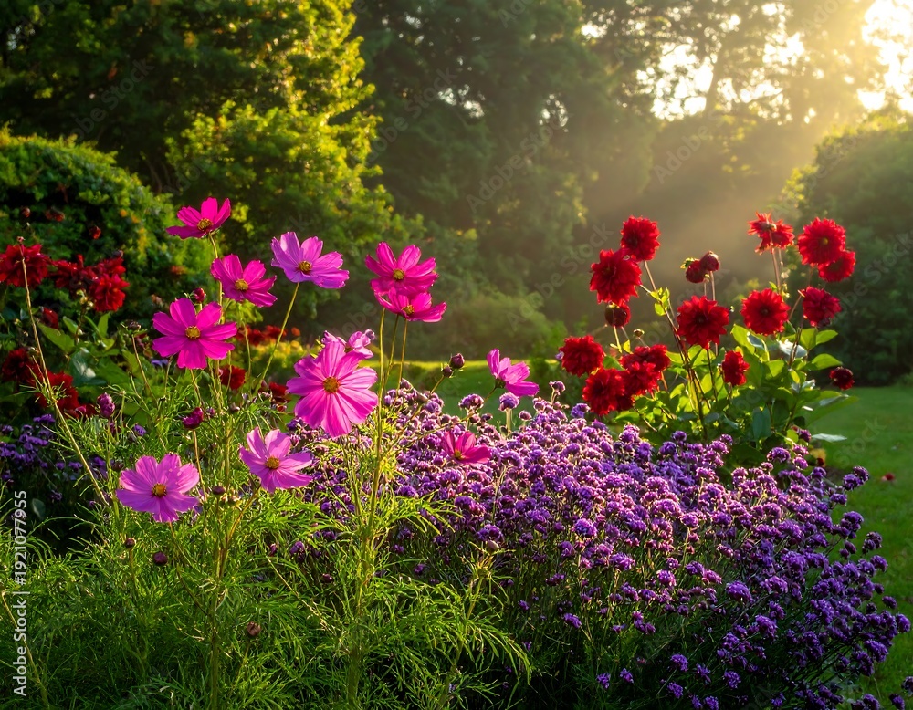 Naklejka premium Lush, sunny garden filled with blooming pink, red, and purple flowers bathed in soft sunlight