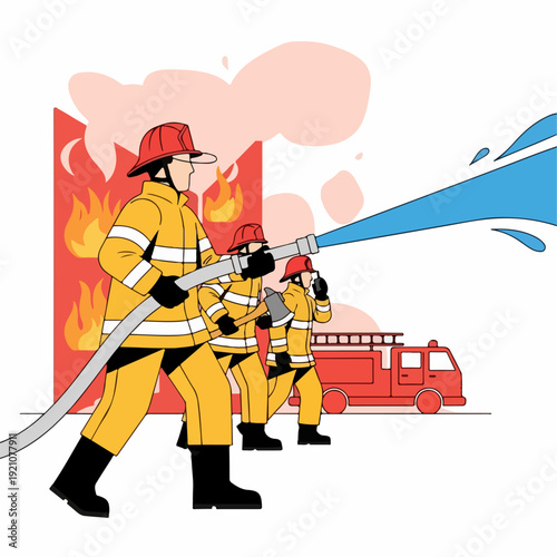 Vector illustration of a firefighter extinguishing a fire