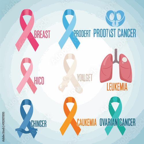 Cancer awareness ribbons various colors healthcare and support symbols