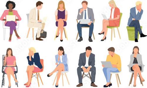 Business people sitting in chairs, workplace posture illustration, black and white vector, office staff seated, professional meeting concept, corporate seating design